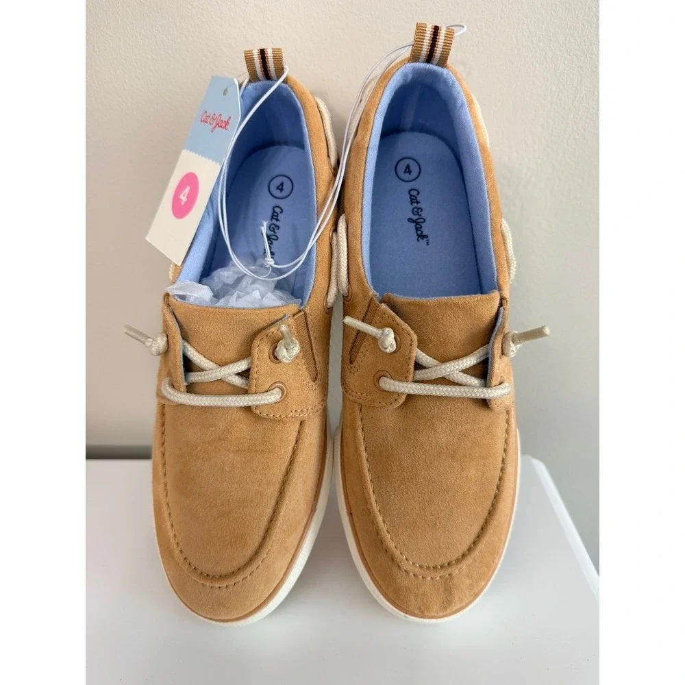Cat & Jack Boat Shoes Boys Size 4 Tan Brown Faux Suede Loafers NWT
